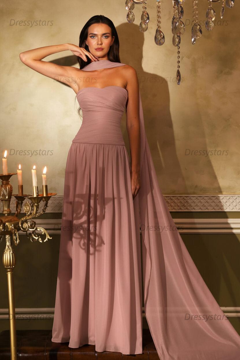 Orange A Line Prom Dress Sleeveless Strapless Formal Dress