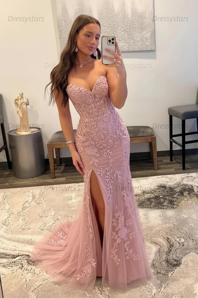 Black Prom Dress Corset Sweetheart Long Lace Mermaid Evening Dress with Slit