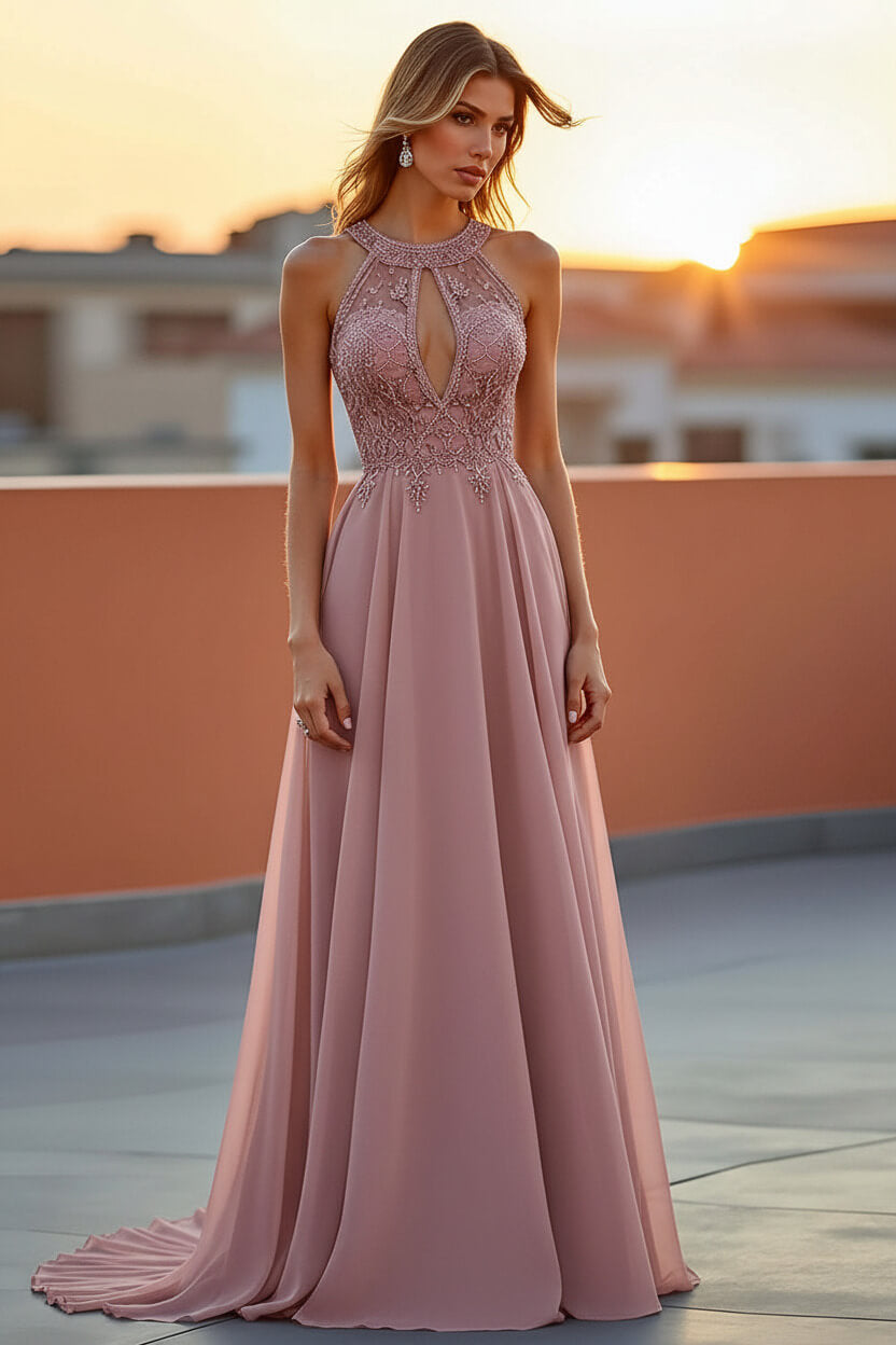 Dressystars Beaded Navy Wedding Guest Dress Halter Long Formal Dress With Embroideries