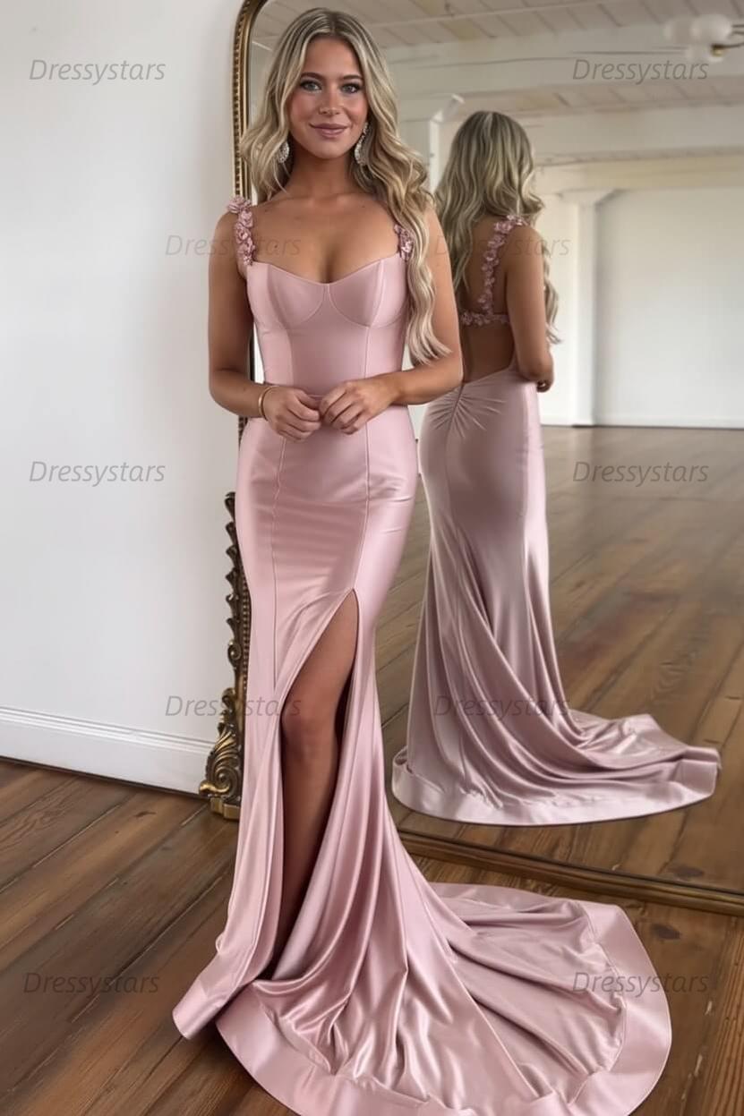 Red Prom Dress Spaghetti Straps Mermaid Satin Long Evening Dress with Slit