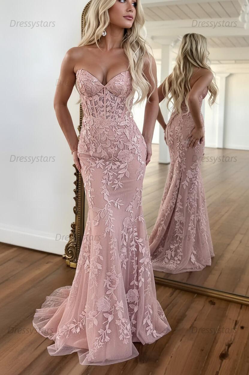 Lilac Prom Dress Corset Sweetheart Lace Mermaid Evening Formal Gown
