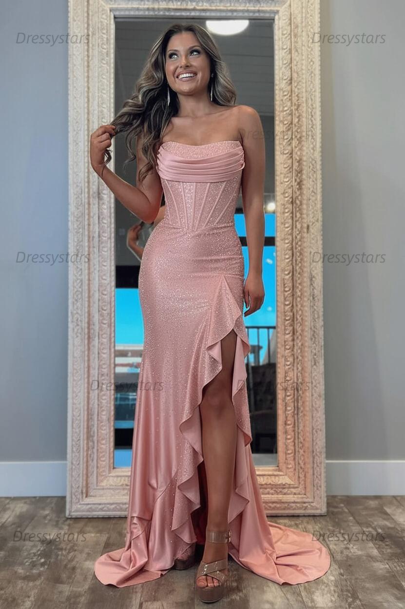 Orange Prom Dress Strapless Corset Long Evening Dress with Slit