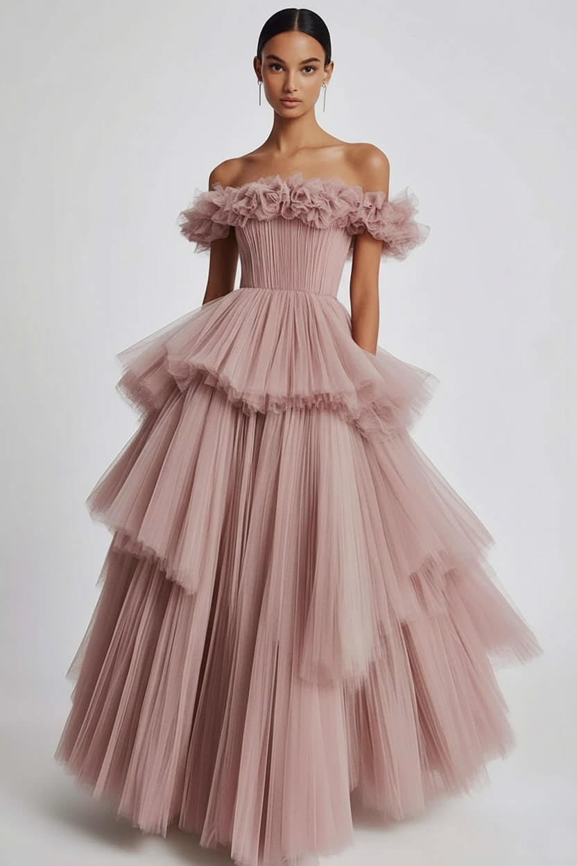 Dusty Sage Formal Dress Tulle Off The Shoulder Ball Gown Wedding Guest Dress With Ruffles