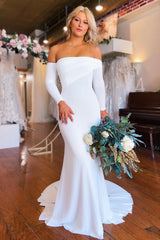 Effortlessly Simple White Boho Mermaid Long Wedding Dress with Sleeves