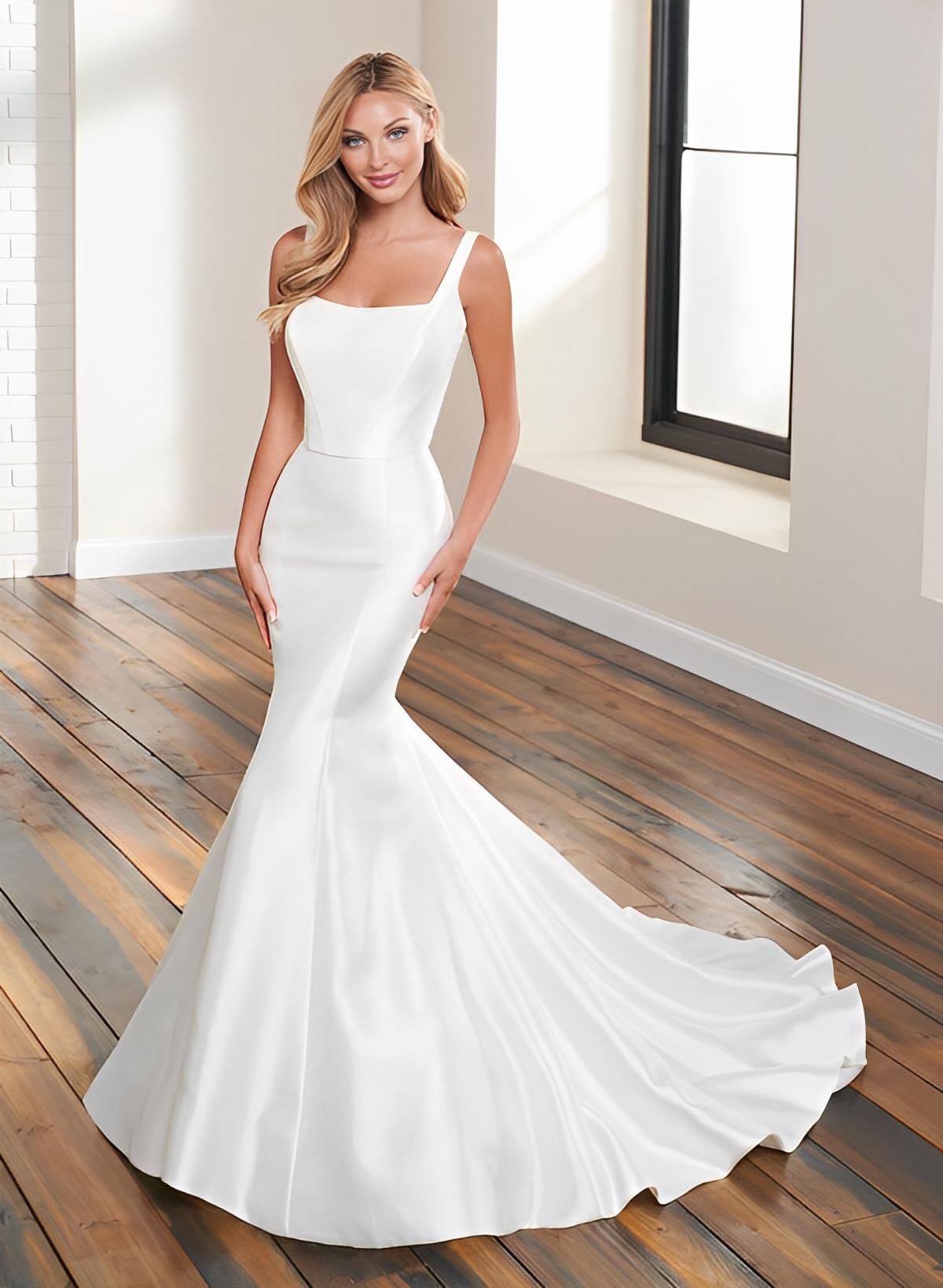 Elastic Satin Mermaid Wedding Dress With Lace Sleeveless Court Train Square Neckline