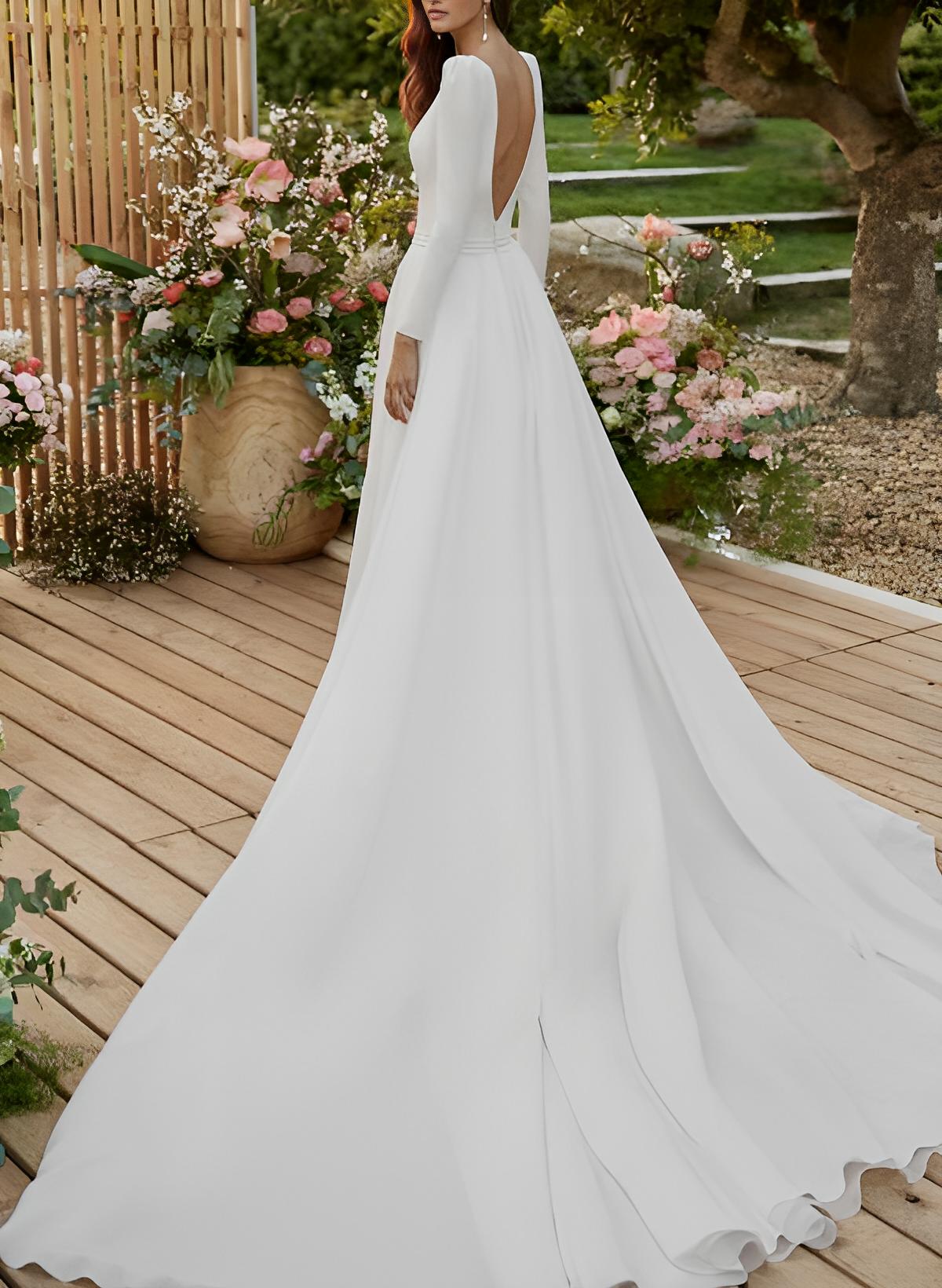 Elastic Satin Wedding Dress Scoop Neck Long Sleeves Court Train