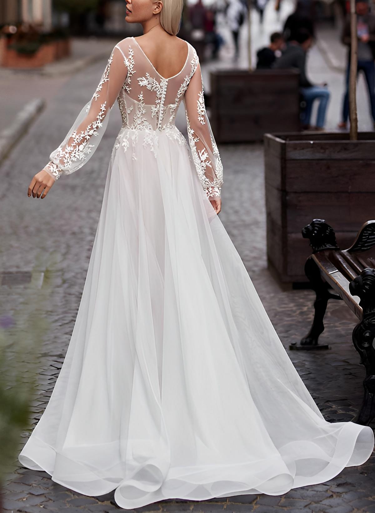 Elegant A Line Long Sleeves Sweep Train Lace Tulle Wedding Dress