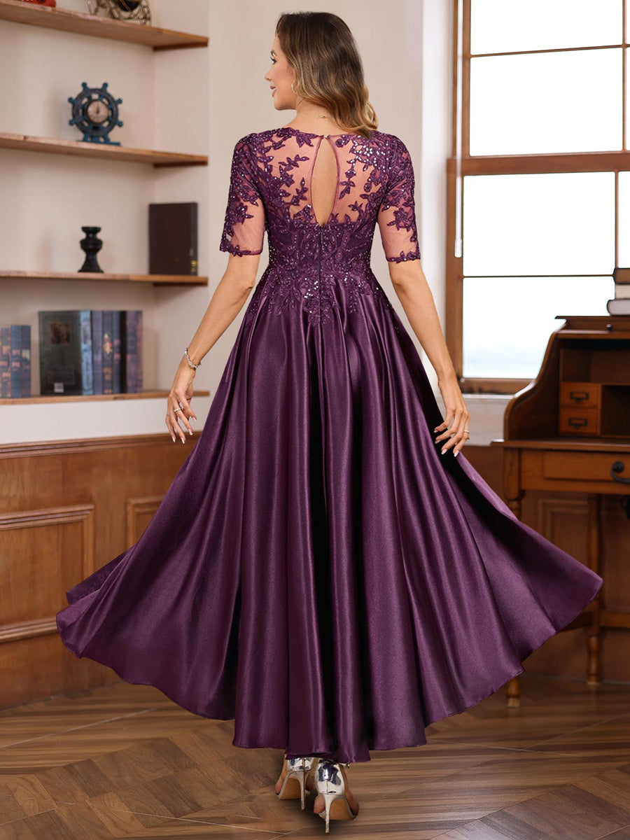 Elegant A-Line Princess Round Neck Short Sleeve Asymmetrical Mother of the Bride & Groom Dress with Lace Appliques