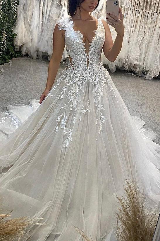 Elegant A Line V Neck Sleeveless Wedding Dress with Sweep Train crafted from Lace and Tulle