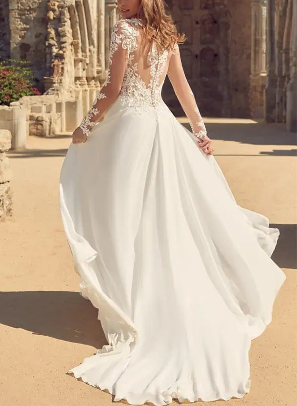 Elegant A Line V neck Wedding Dress With Long Sleeves and Split Front