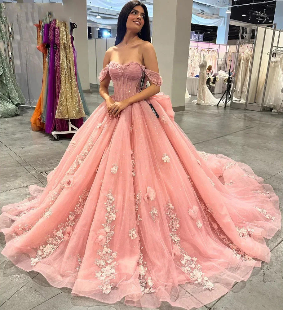 Elegant Ball Gown Off Shoulder 3D Flower Lace Appliques Pink Tulle Quinceanera Dress For Sweet 16