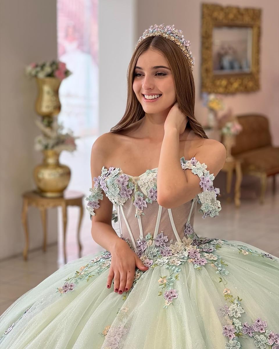 Elegant Ball Gown Off Shoulder Corset 3D Flowers Lace Appliques Mint Green Tulle Princess Dress Quinceanera Dress For Sweet 16