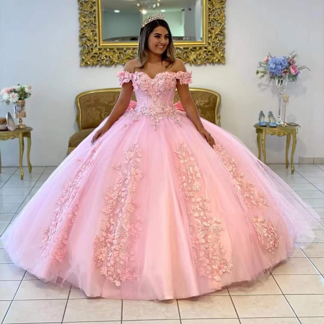 Elegant Ball Gown Off Shoulder Lace Appliques Beaded Pink Tulle Quinceanera Dress For Sweet 16