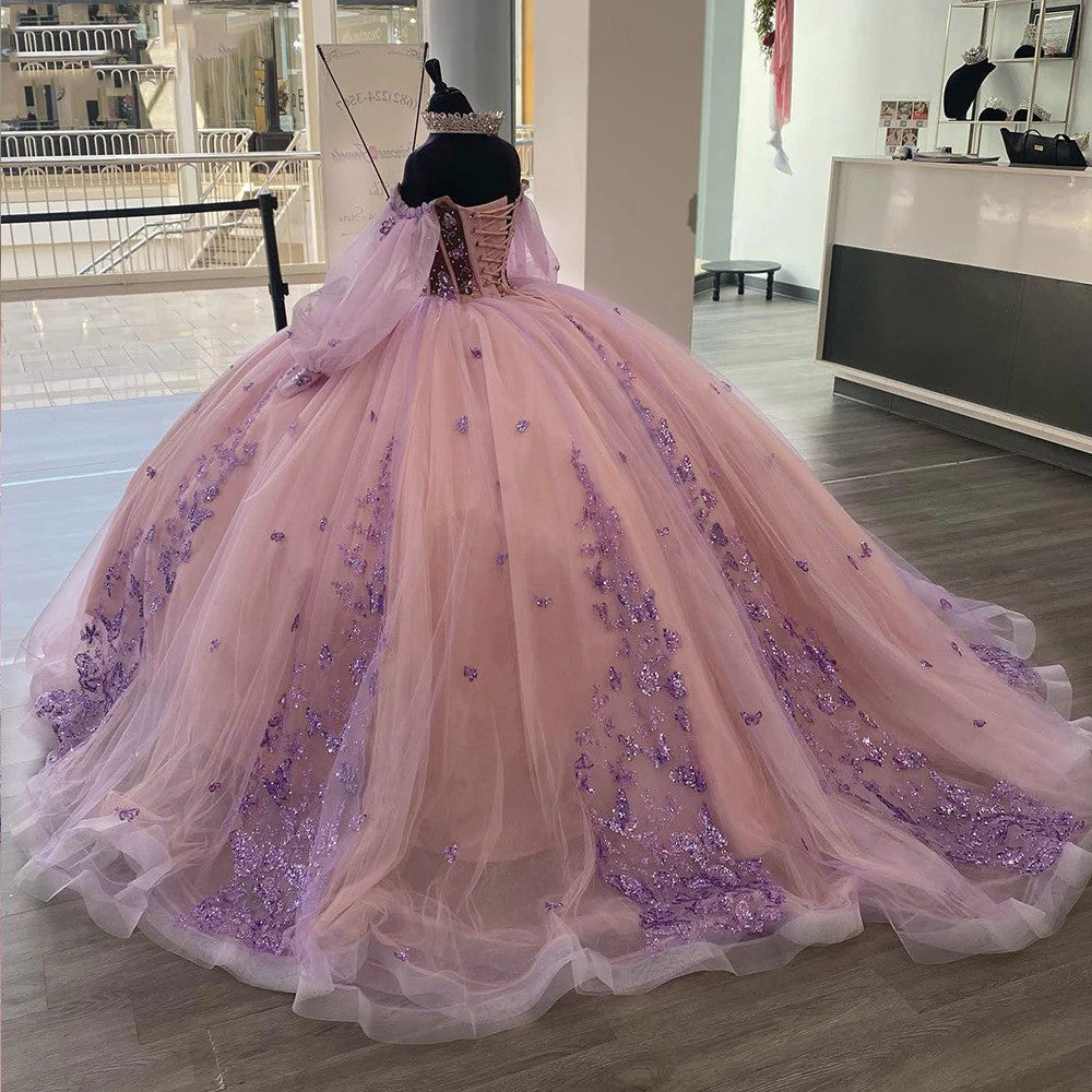 Elegant Ball Gown Off Shoulder Long Lantern Sleeves 3D Butterfly Appliques Beaded Pink Tulle Princess Gown Quinceanera Dress For Sweet 16
