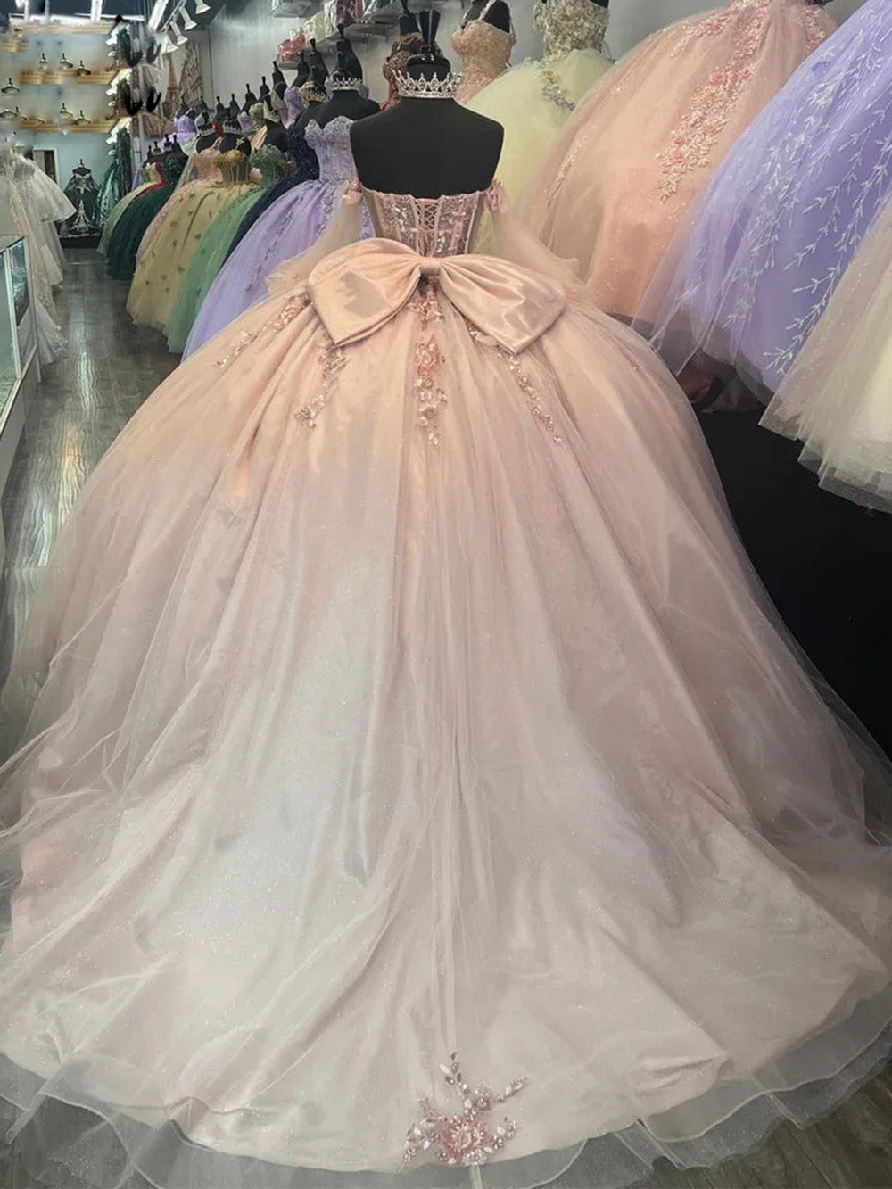 Elegant Ball Gown Off Shoulder Long Sleeves Beaded 3D Flowers Appliques Quinceanera Dress For Sweet 16