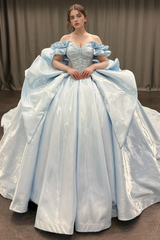 Elegant Ball Gown Off Shoulder Sleeveless Beaded Sequins Appliques Pleated Big Bow Knot Baby Blue Satin Quinceanera Dress Birthday Party Dress For Sweet 16