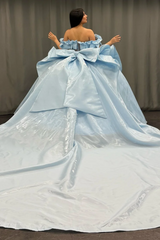 Elegant Ball Gown Off Shoulder Sleeveless Beaded Sequins Appliques Pleated Big Bow Knot Baby Blue Satin Quinceanera Dress Birthday Party Dress For Sweet 16