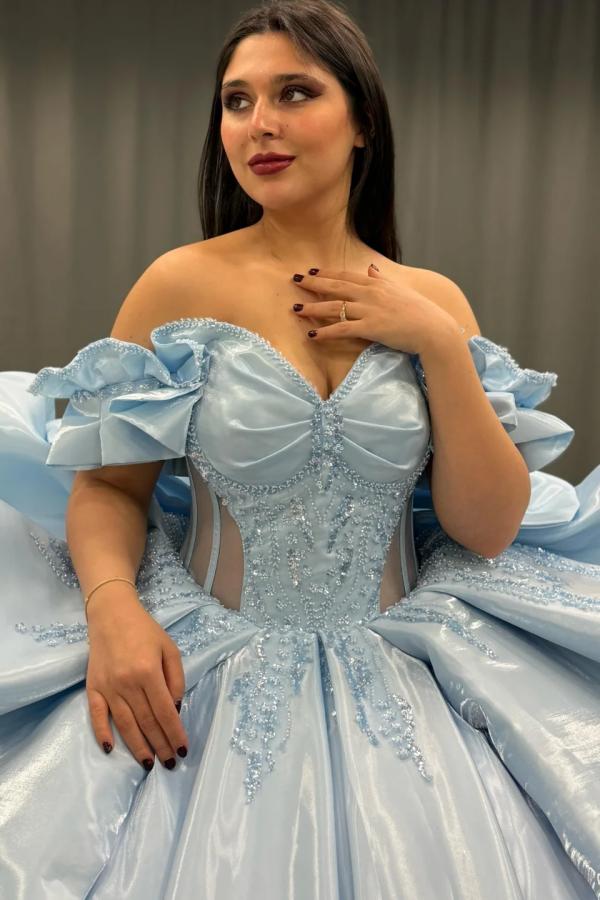 Elegant Ball Gown Off Shoulder Sleeveless Beaded Sequins Appliques Pleated Big Bow Knot Baby Blue Satin Quinceanera Dress Birthday Party Dress For Sweet 16