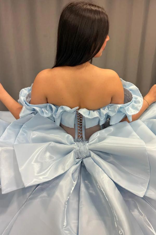 Elegant Ball Gown Off Shoulder Sleeveless Beaded Sequins Appliques Pleated Big Bow Knot Baby Blue Satin Quinceanera Dress Birthday Party Dress For Sweet 16