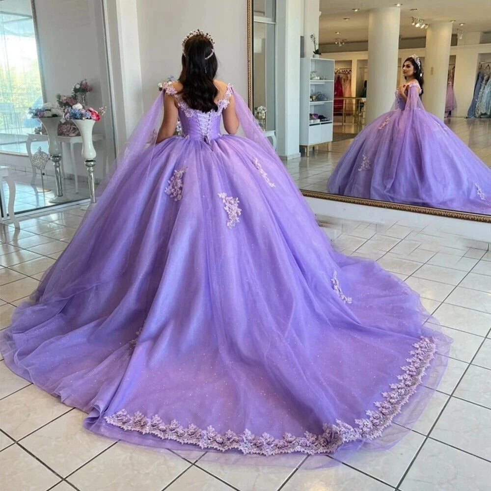 Elegant Ball Gown Strapless 3D Flower Lace Appliques Lavender Tulle Quinceanera Dress Off Shoulder For Sweet 16
