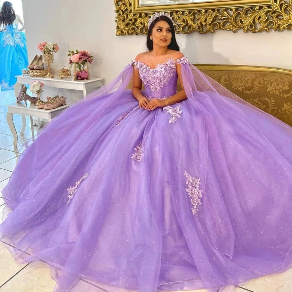 Elegant Ball Gown Strapless 3D Flower Lace Appliques Lavender Tulle Quinceanera Dress Off Shoulder For Sweet 16