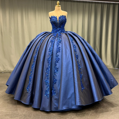 Elegant Ball Gown Strapless Sleeveless Sequins Appliques Pleated Glitter Dark Navy Satin Quinceanera Dress Formal Evening Dress For Sweet 16