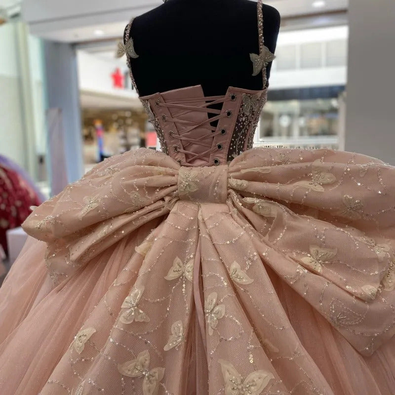 Elegant Ball Gown Strapless Spaghetti Straps 3D Butterflies Appliques Bow Knot Pink Tulle Princess Evening Dress Quinceanera Dress For Sweet 16