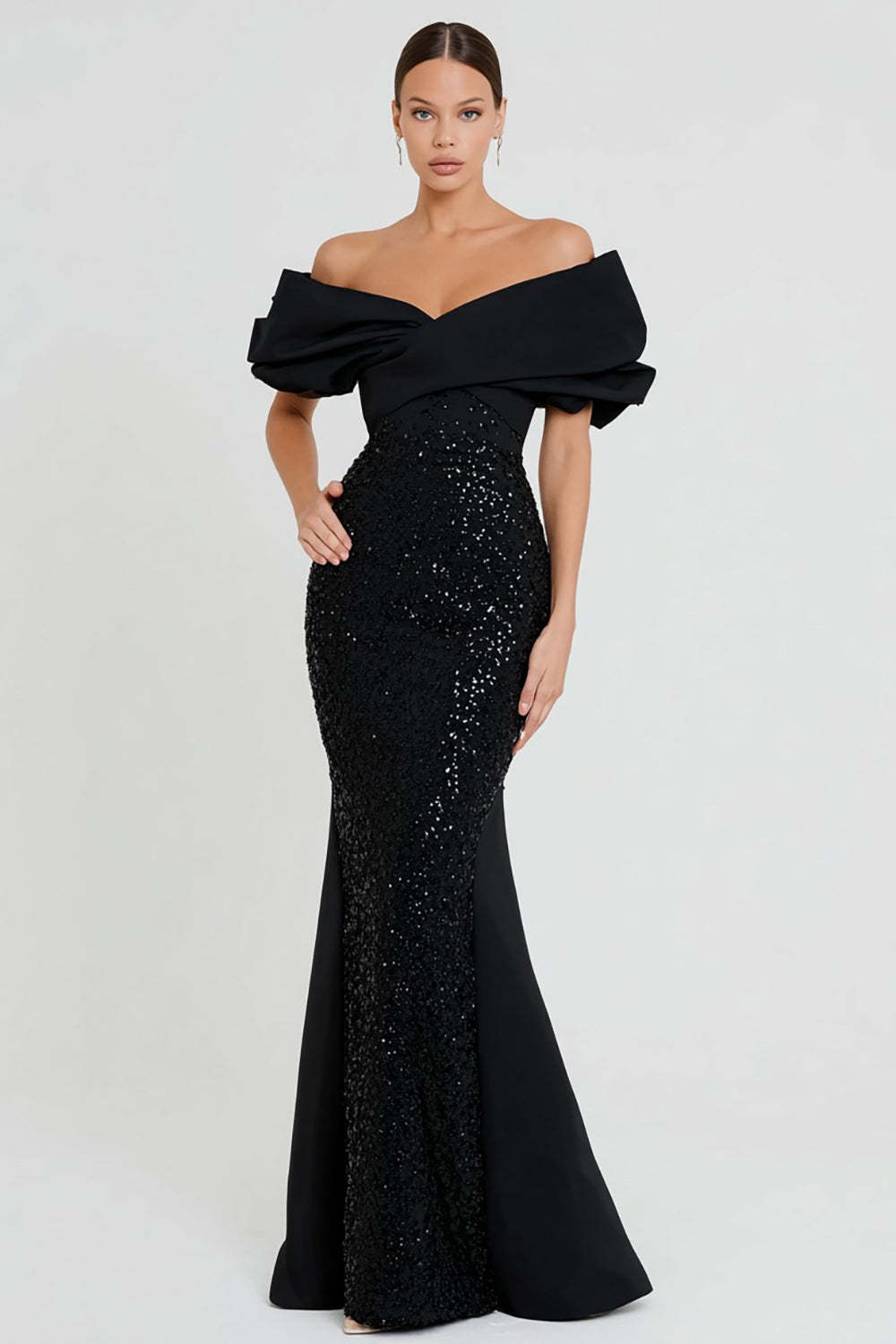 Dressystars Elegant Black Mermaid Off The Shoulder Long Sequin Prom Dress