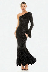 Dressystars Elegant Black One Shoulder Mermaid Long Sequins Prom Dress With Sleeves