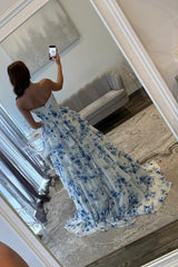 Blue Floral Sweetheart Tiered Prom Dress With Corset Bodice Formal Evening Gown