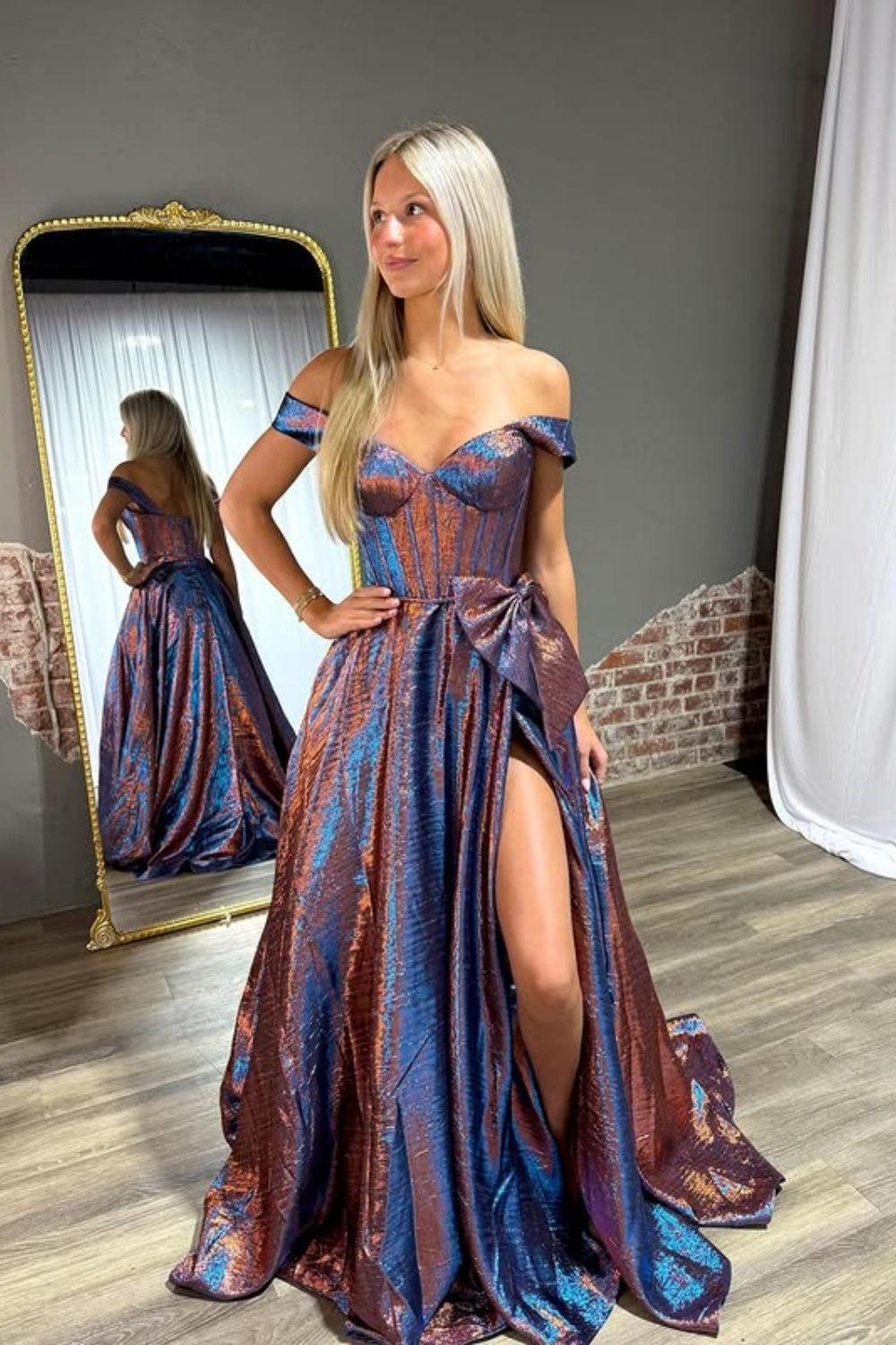 Dressystars Elegant Blue Off The Shoulder Metallic A-Line Long Corset Prom Dress With Bow