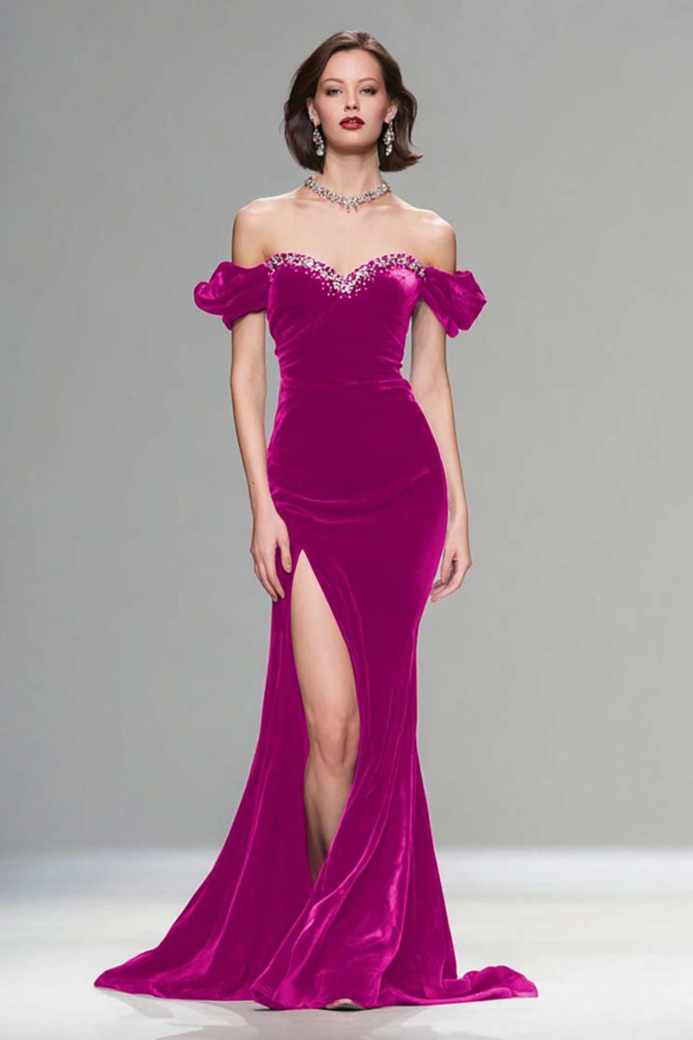 Dressystars Elegant Burgundy Mermaid Long Velvet Holiday Party Dress With Beading