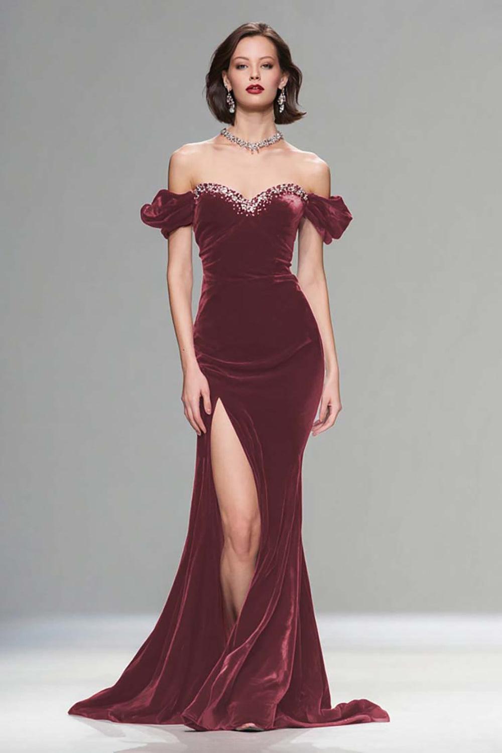 Dressystars Elegant Burgundy Mermaid Long Velvet Holiday Party Dress With Beading