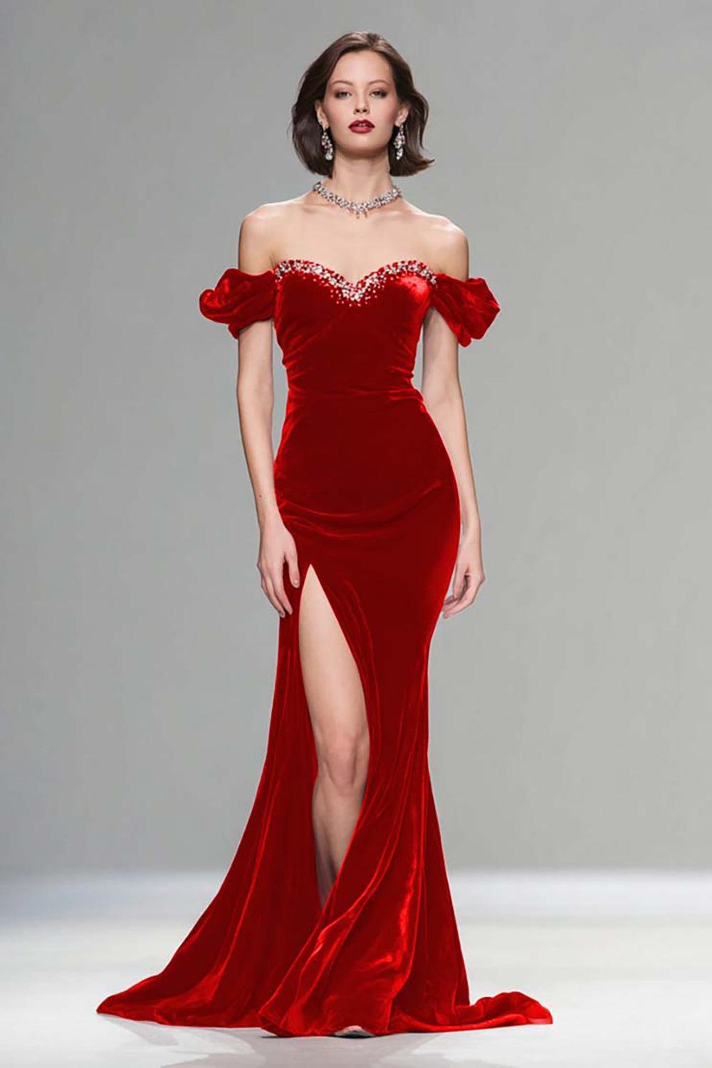 Dressystars Elegant Burgundy Mermaid Long Velvet Holiday Party Dress With Beading