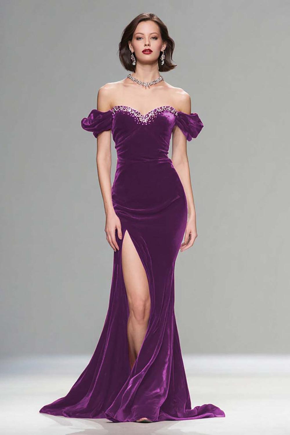 Dressystars Elegant Burgundy Mermaid Long Velvet Holiday Party Dress With Beading