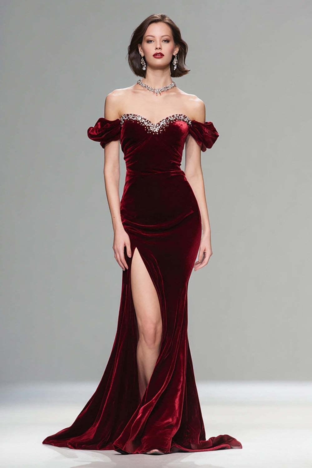 Dressystars Elegant Burgundy Mermaid Long Velvet Holiday Party Dress With Beading