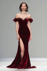 Dressystars Elegant Burgundy Mermaid Long Velvet Holiday Party Dress With Beading