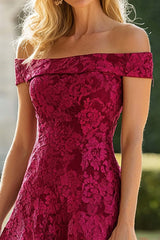 Elegant Burgundy Wedding Guest Dress Off The Shoulder Prom Dress With Lace