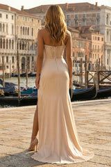 Dressystars Elegant Champagne Satin Mermaid Beaded Long Corset Prom Dress With Slit