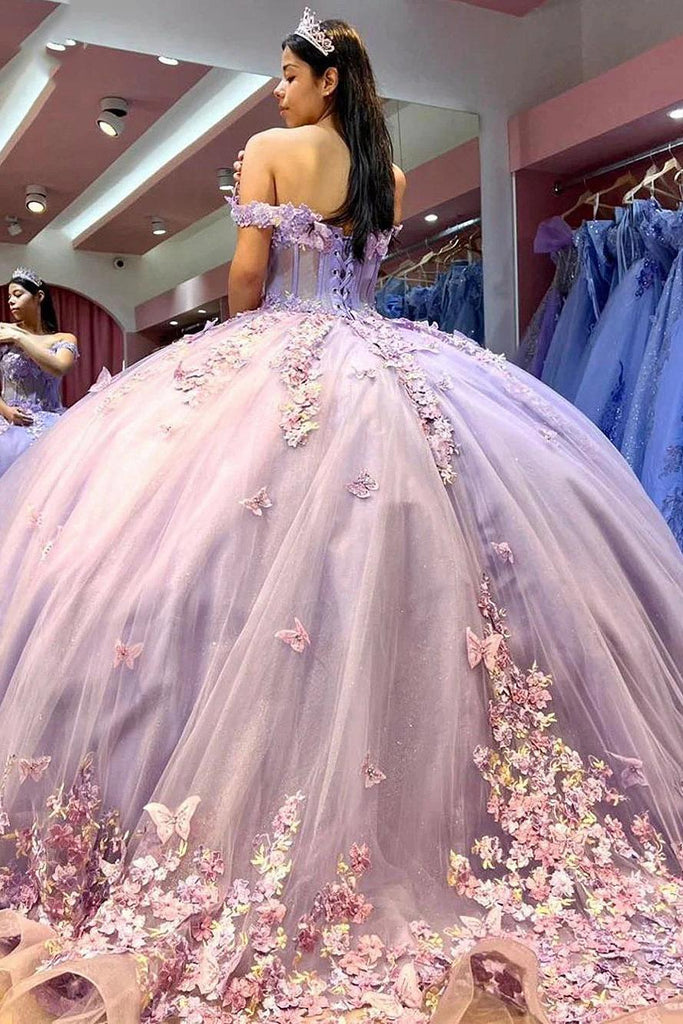 Dressystars Elegant & Classic Ball Gown Off Shoulder Beaded Lace Butterfly Appliques Lavender Tulle Quinceanera Dress Princess Evening Party Gown For Sweet 16