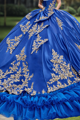 Elegant & Classic Ball Gown Sweetheart Neck Sleeveless Gold Appliques Tiered Royal Blue Tulle Quinceanera Dress Birthday Party Dress For Sweet 16