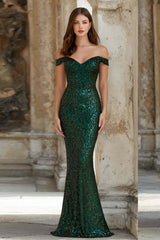 Dressystars Elegant Dark Green Mermaid Off The Shoulder Long Sequin Prom Dress