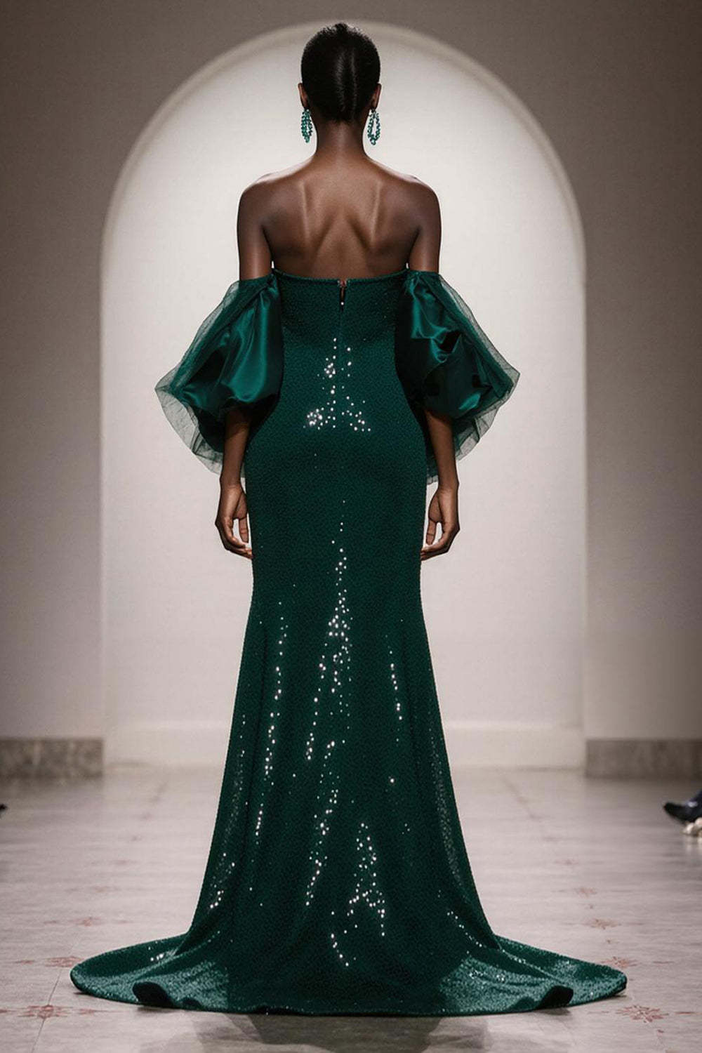 Dressystars Elegant Dark Green Mermaid Strapless Sequin Long Prom Dress With Sleeves