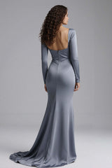 Dressystars Elegant Dusty Blue Beaded Mermaid Long Satin Evening Dress With Slit