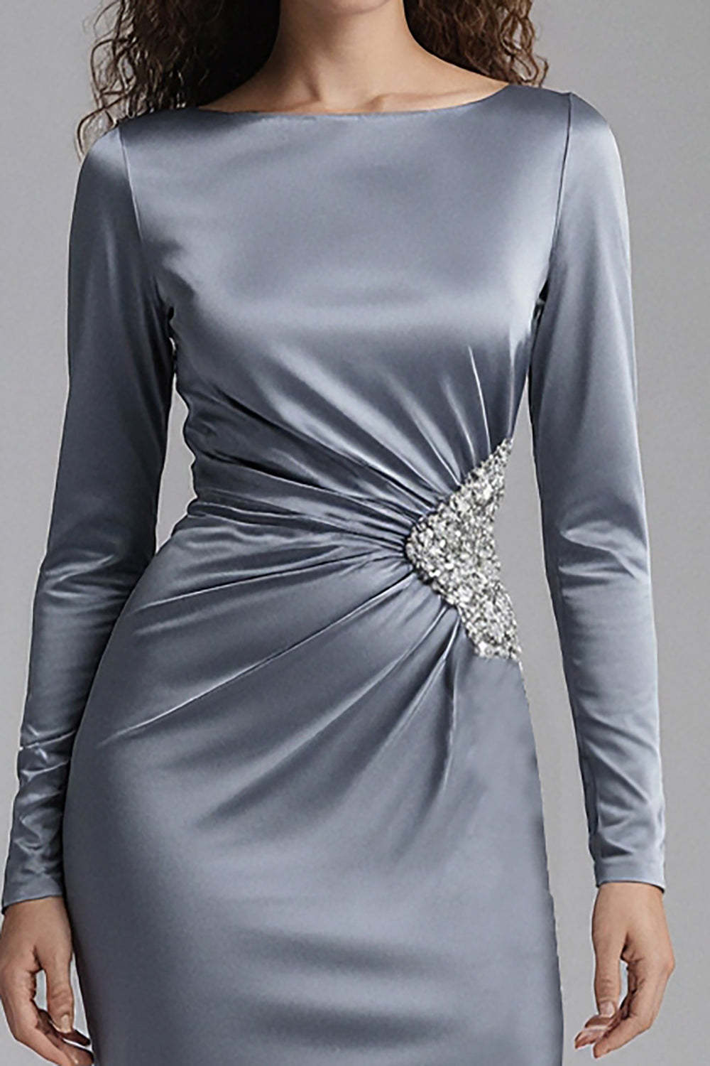 Dressystars Elegant Dusty Blue Beaded Mermaid Long Satin Evening Dress With Slit