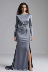 Dressystars Elegant Dusty Blue Beaded Mermaid Long Satin Evening Dress With Slit