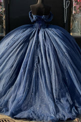 Elegant & Glamorous Ball Gown Off Shoulder Pleated Appliques Lace Up Navy Blue Tulle Quinceanera Dress Birthday Party Gown For Sweet 16