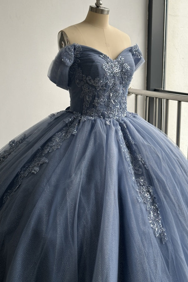 Elegant & Glamorous Ball Gown Off Shoulder Pleated Appliques Lace Up Navy Blue Tulle Quinceanera Dress Birthday Party Gown For Sweet 16