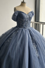 Elegant & Glamorous Ball Gown Off Shoulder Pleated Appliques Lace Up Navy Blue Tulle Quinceanera Dress Birthday Party Gown For Sweet 16