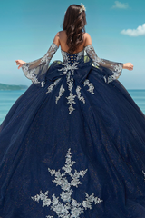 Elegant & Glitter Ball Gown Strapless Detachable Long Bell Sleeves Beaded Appliques Lace Up Bow Knot Navy Blue Tulle Quinceanera Dress Formal Evening Gown Party Dress